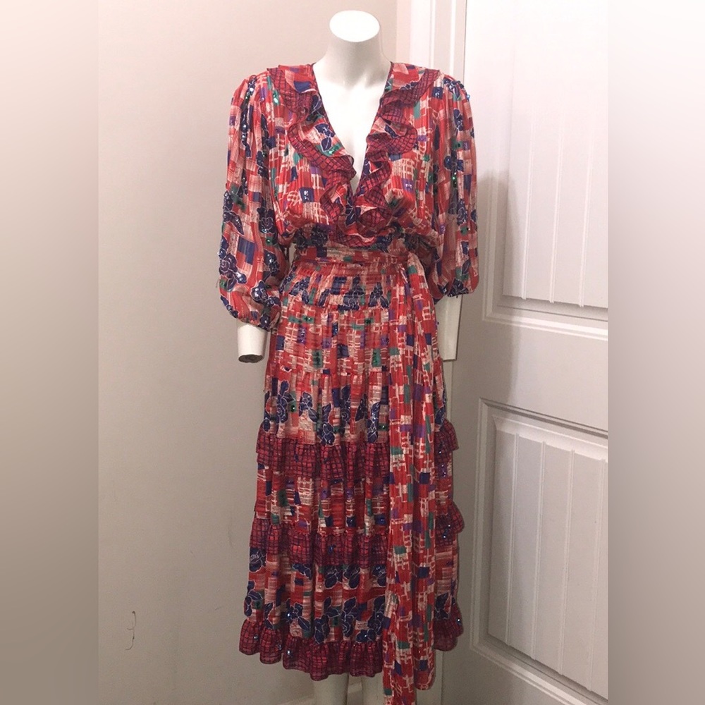 Vintage 70s 80s Diane Fres Red  Blue Floral Elastic Waist Dress Size small